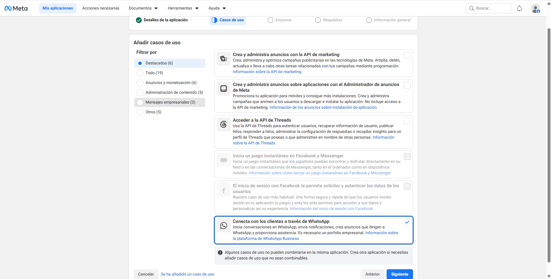 Selección del caso de uso WhatsApp